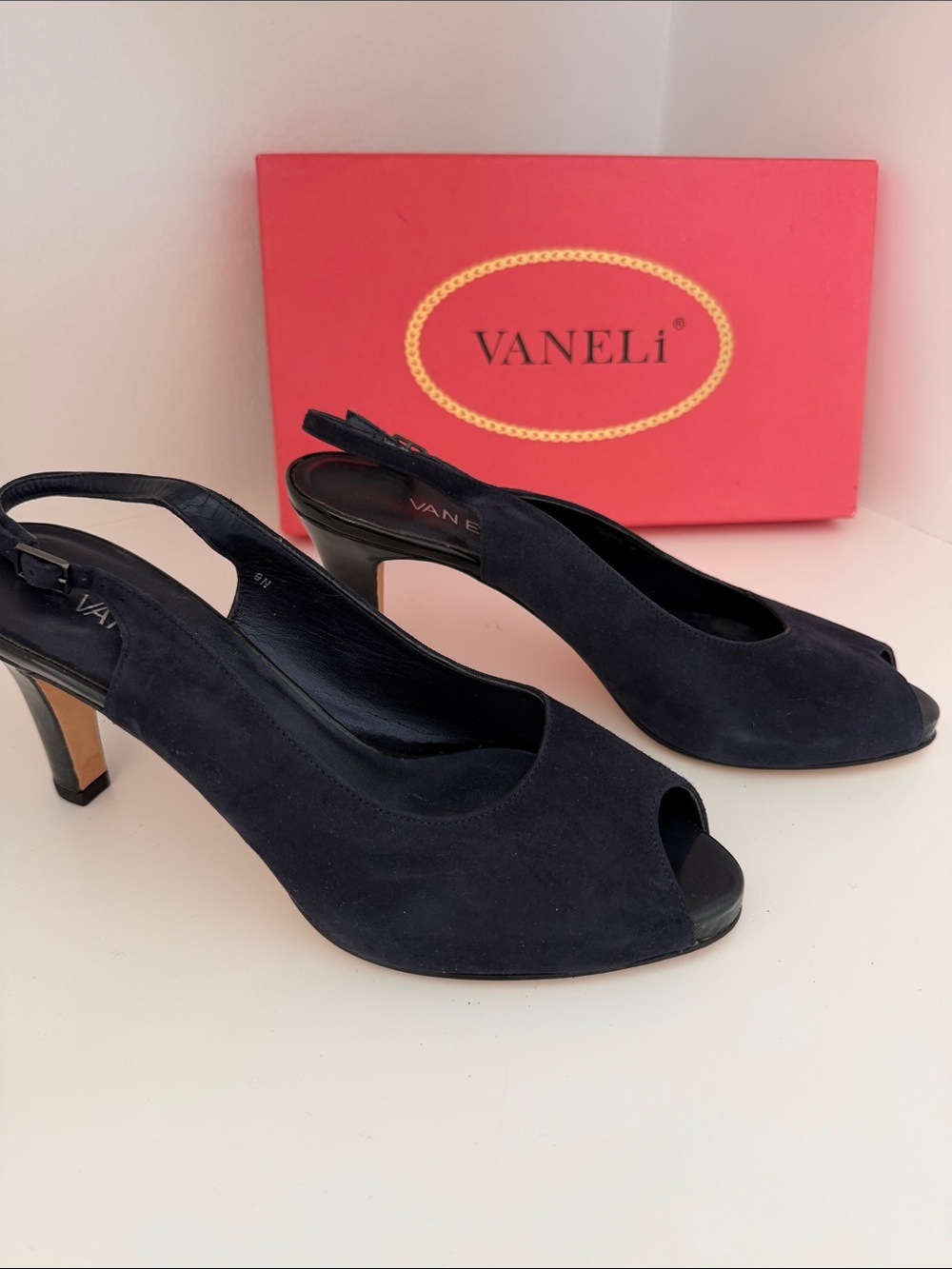 Vanei 9 Narrow Navy Suede Peep-Toe Slingback Pumps